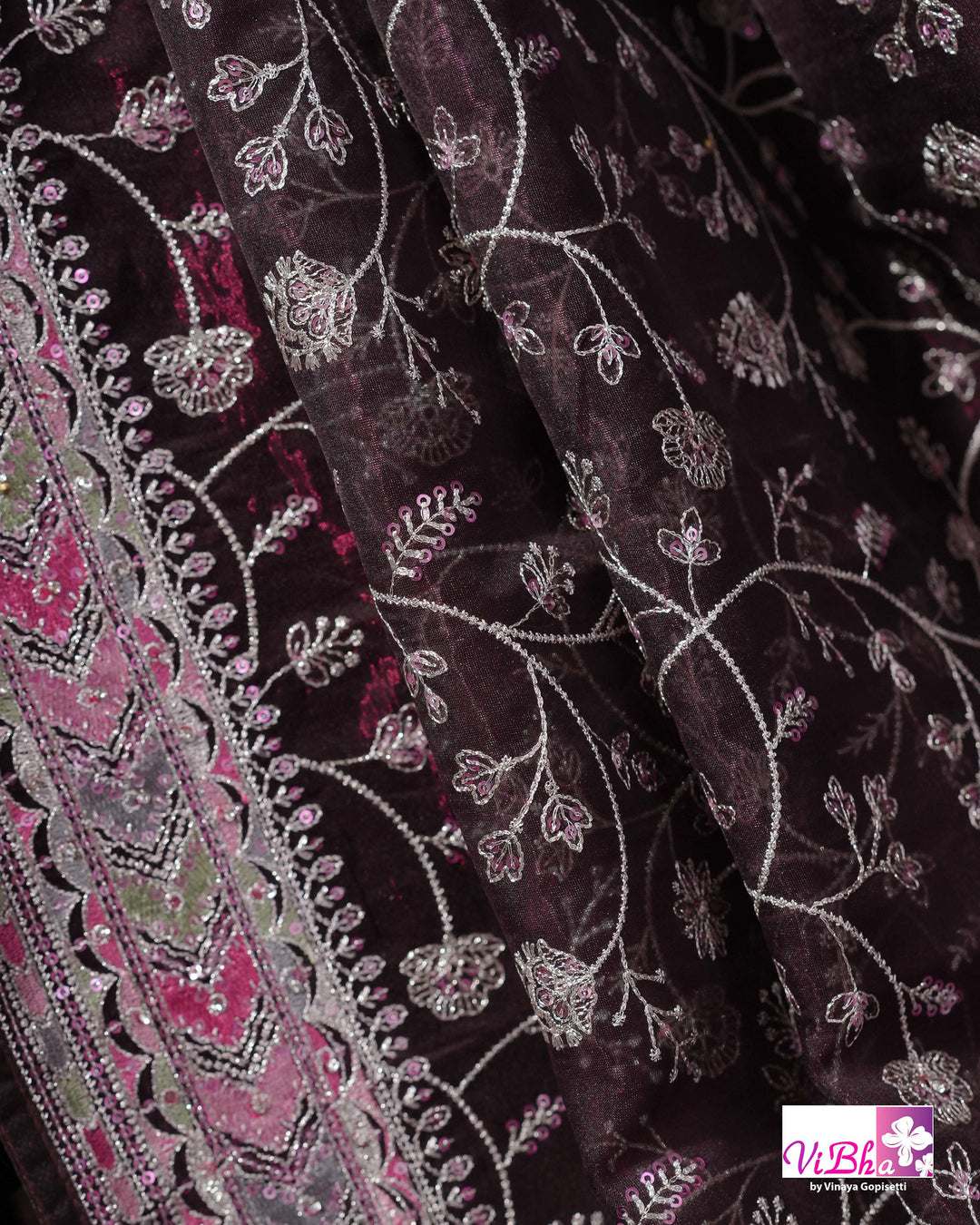 Deep Plum Designer Saree with All-Over Floral Vine Embroidery