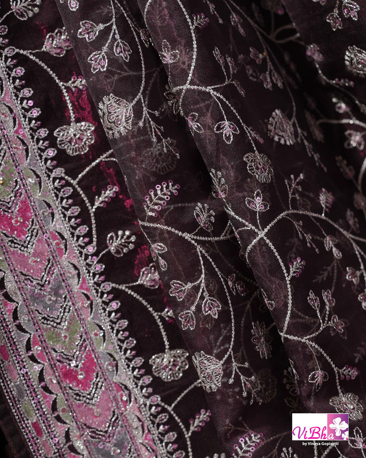 Deep Plum Designer Saree with All-Over Floral Vine Embroidery