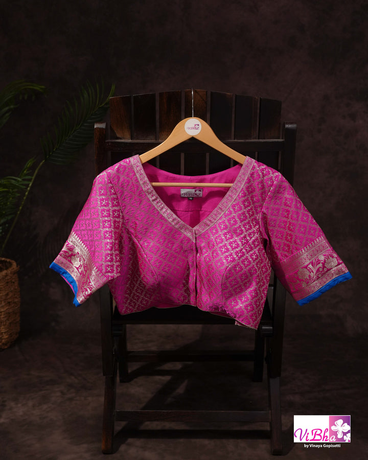 Light and dark pink with blue edge Banarasi silk saree