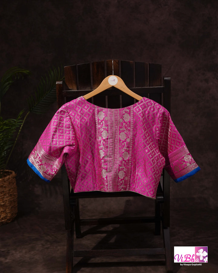 Light and dark pink with blue edge Banarasi silk saree