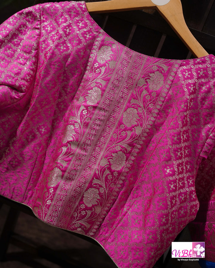 Light and dark pink with blue edge Banarasi silk saree