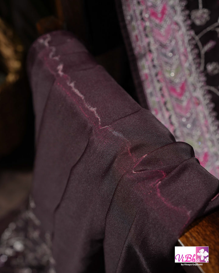 Deep Plum Designer Saree with All-Over Floral Vine Embroidery