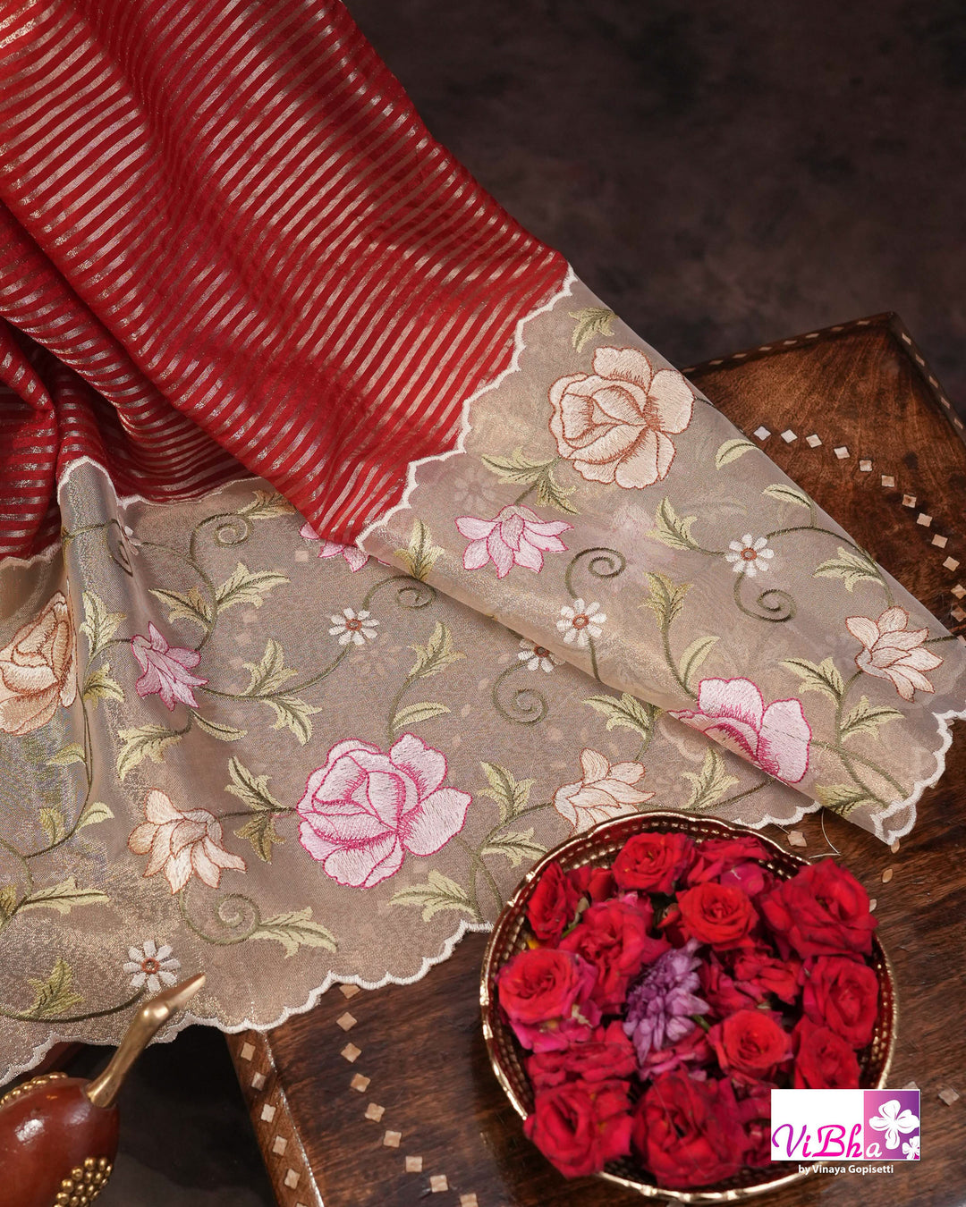 Red fancy banarasi with embroidered border