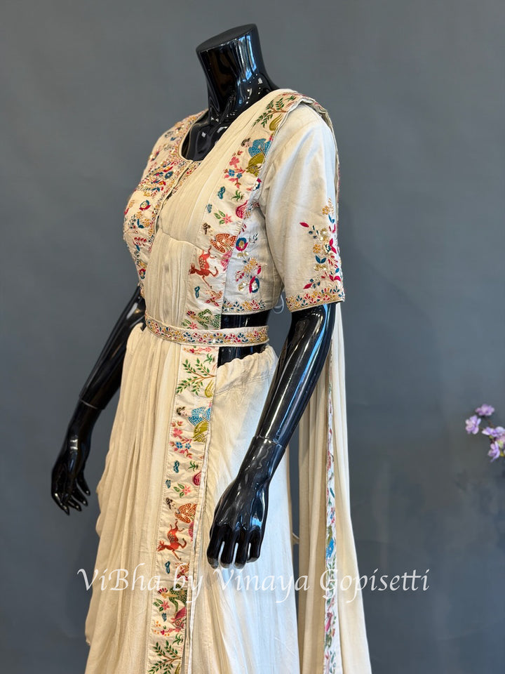 Cream and Multi Color Skirt Embroidered Draped Saree