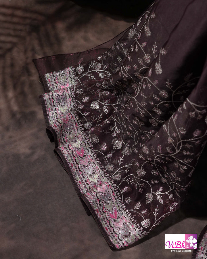 Deep Plum Designer Saree with All-Over Floral Vine Embroidery