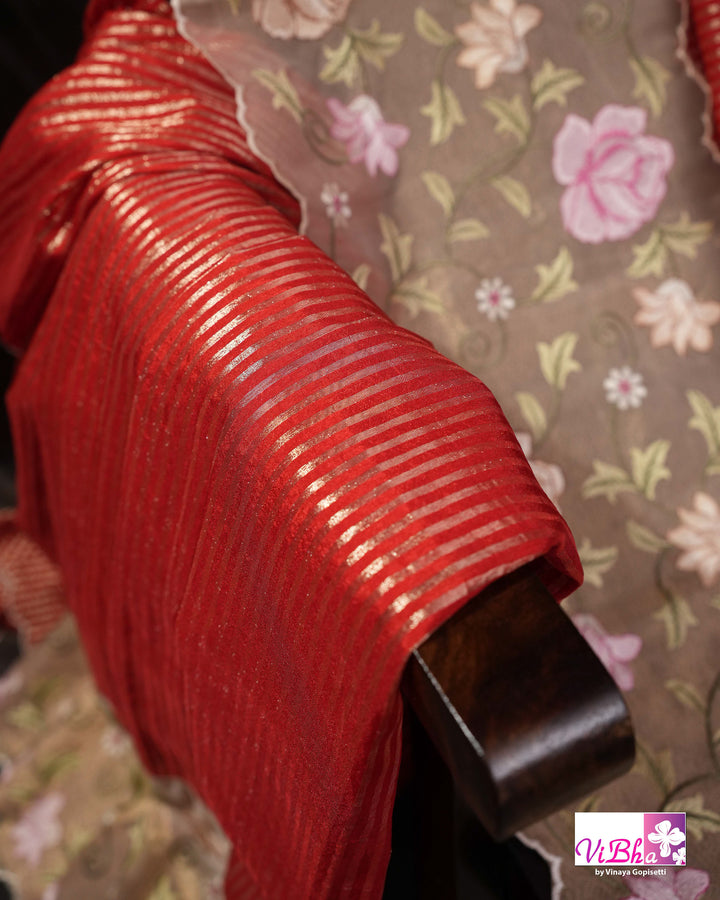 Red fancy banarasi with embroidered border