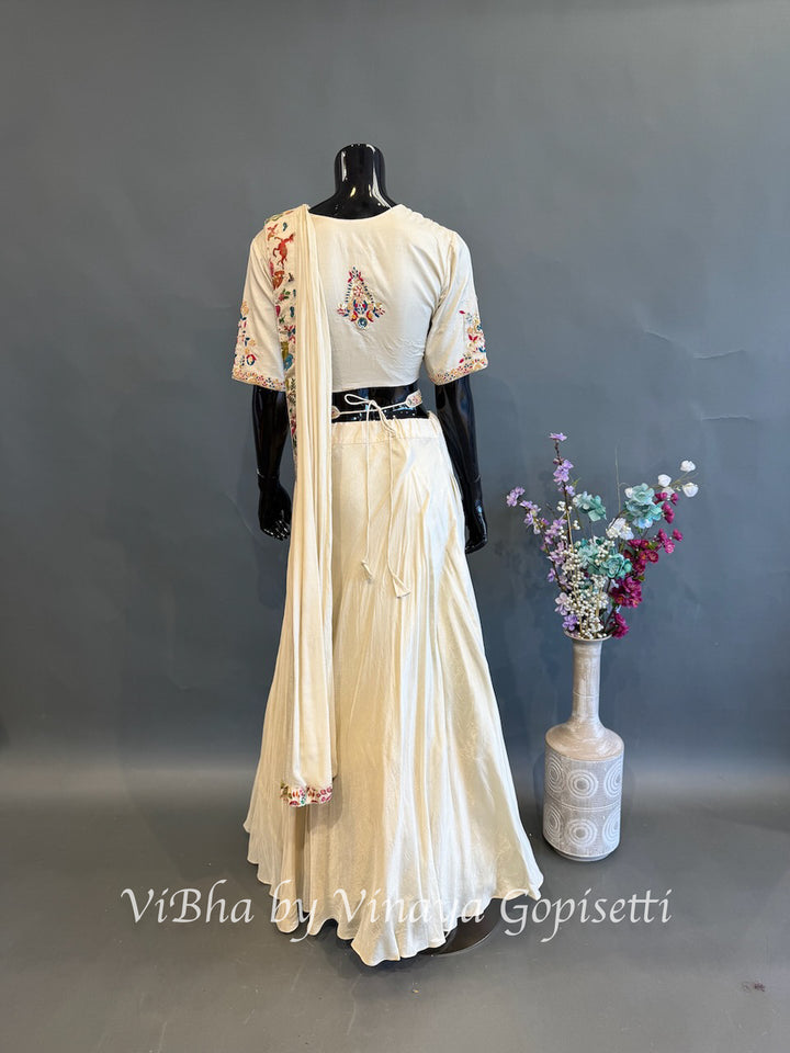 Cream and Multi Color Skirt Embroidered Draped Saree