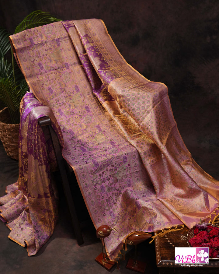 Lavender Purple Bridal Kanchi Silk Saree with Intricate Meenakari Weaving and Blouse