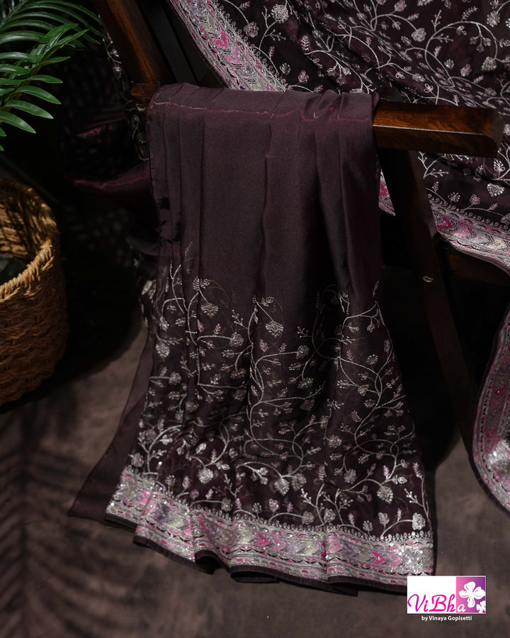Deep Plum Designer Saree with All-Over Floral Vine Embroidery