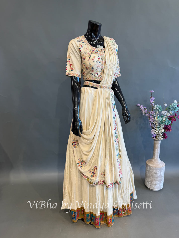 Cream and Multi Color Skirt Embroidered Draped Saree