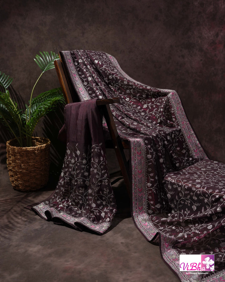 Deep Plum Designer Saree with All-Over Floral Vine Embroidery