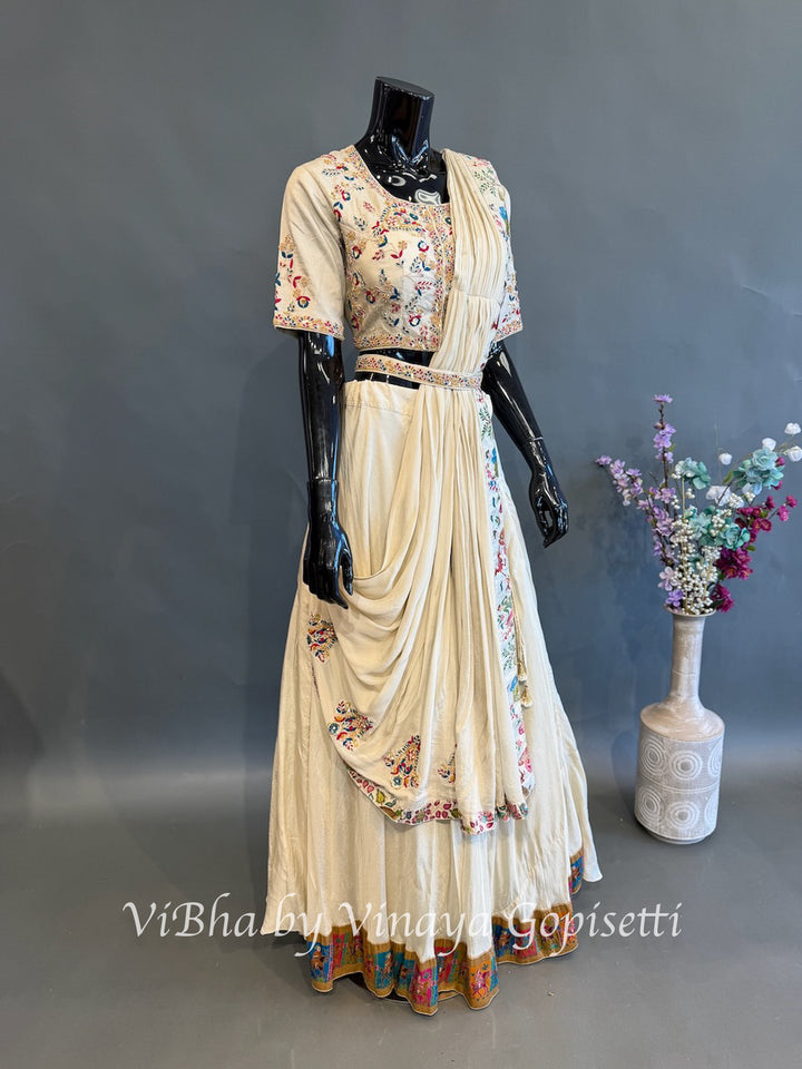 Cream and Multi Color Skirt Embroidered Draped Saree
