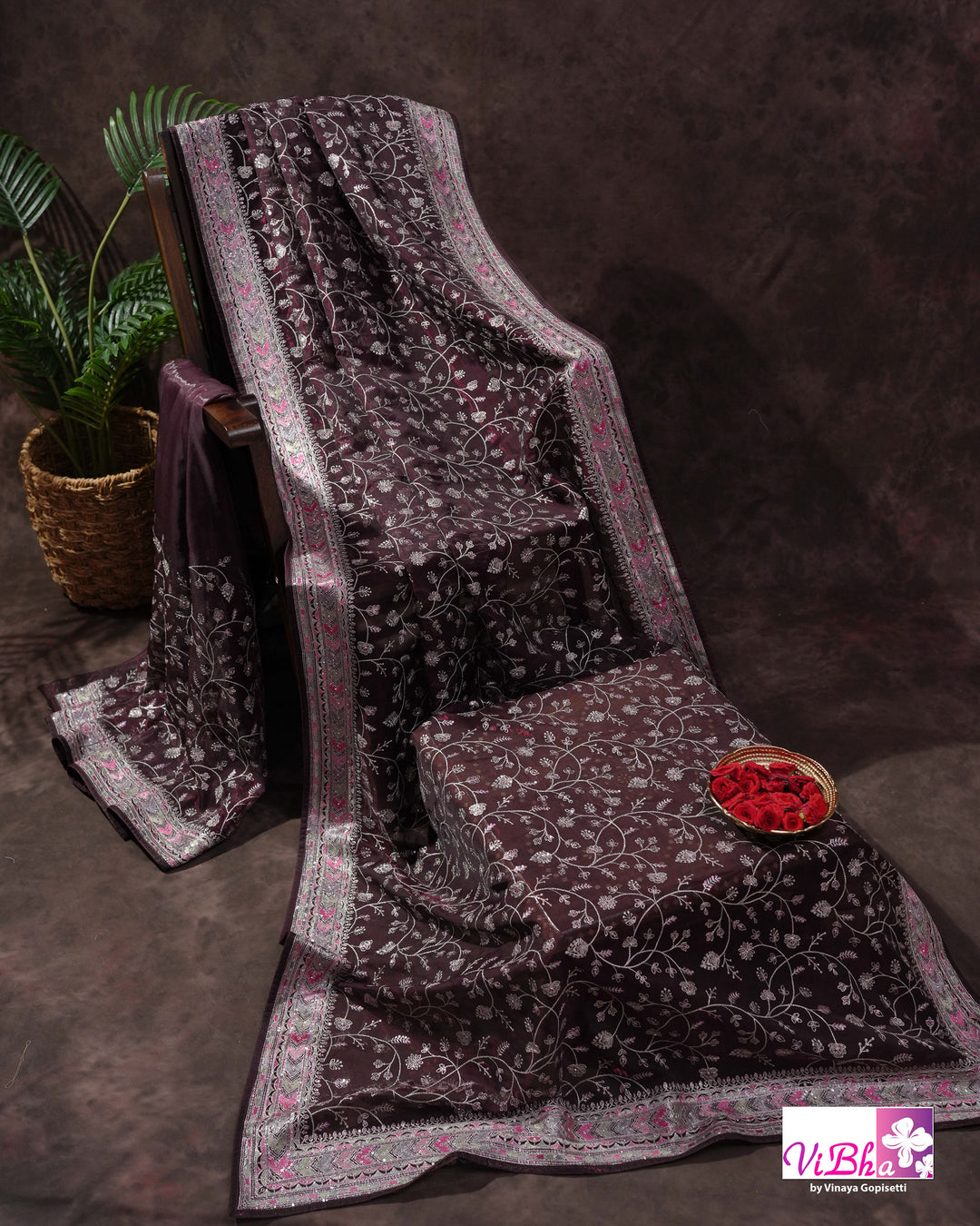 Deep Plum Designer Saree with All-Over Floral Vine Embroidery