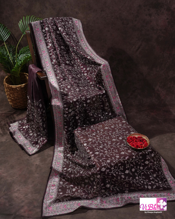 Deep Plum Designer Saree with All-Over Floral Vine Embroidery