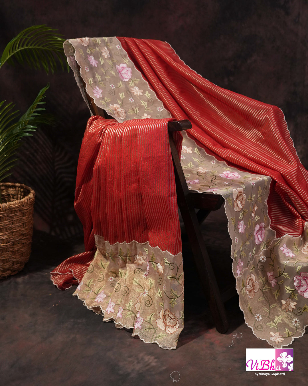 Red fancy banarasi with embroidered border