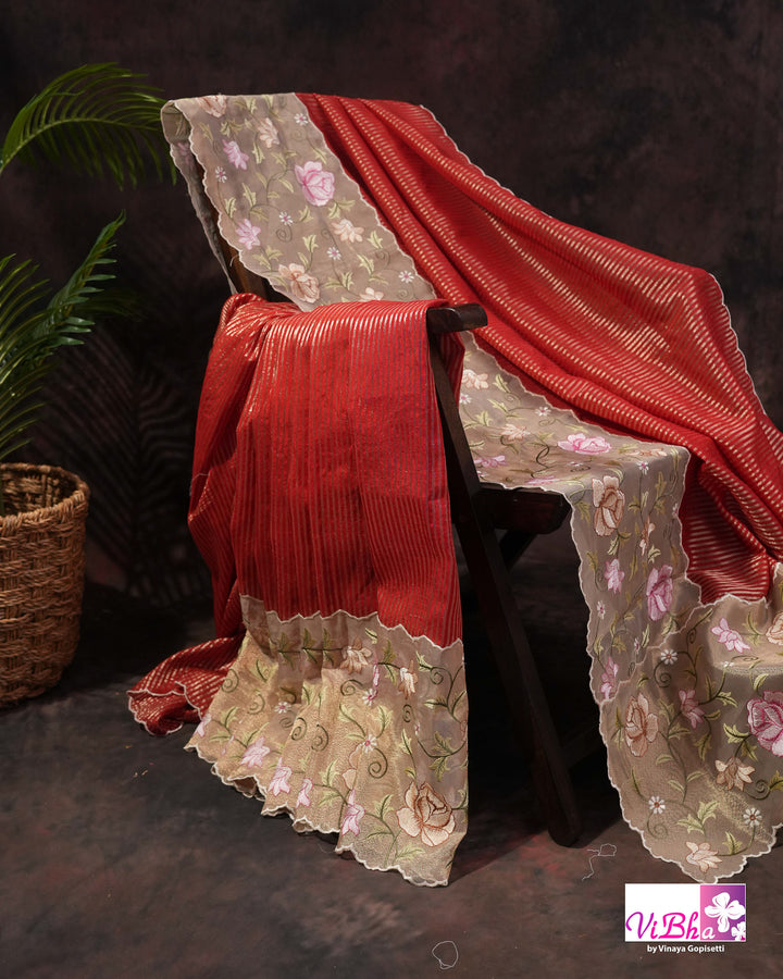Red fancy banarasi with embroidered border