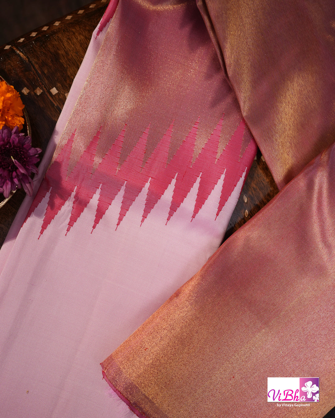 Baby Pink Kanchi Silk Saree with Blouse &amp; Zari Temple Border