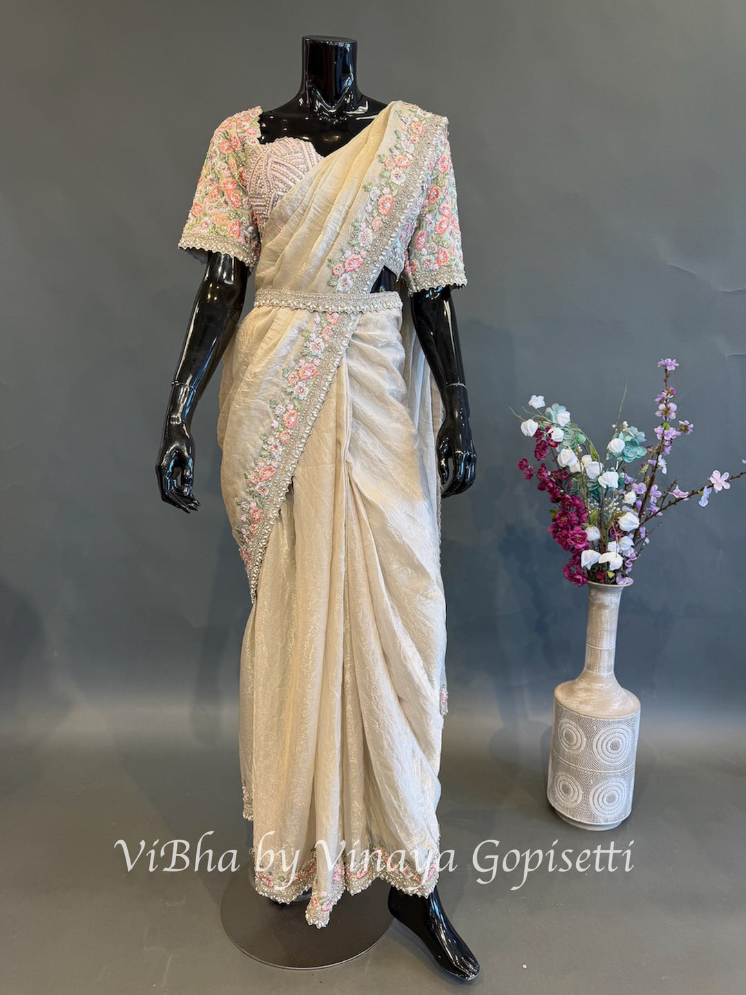 Champagne Silver Pre draped saree and blouse