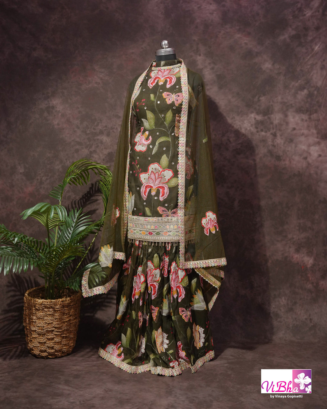 Dark Mehendi Green Floral position print high neck Gharara set