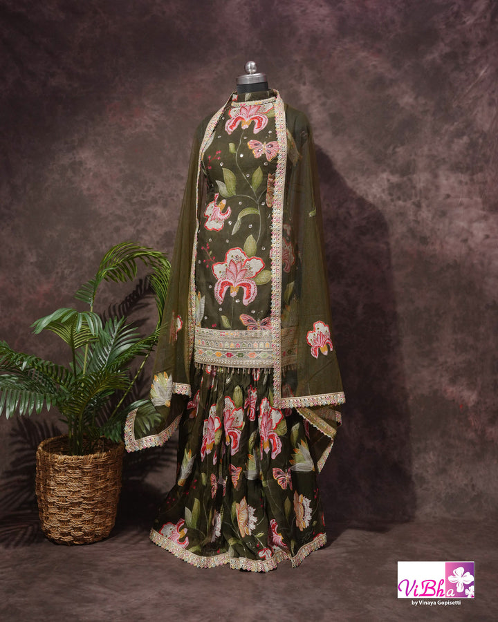 Dark Mehendi Green Floral position print high neck Gharara set