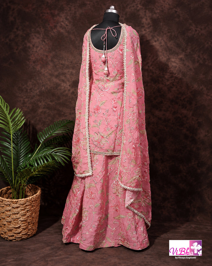 Peach Pink Floral Embroidered Sharara Set
