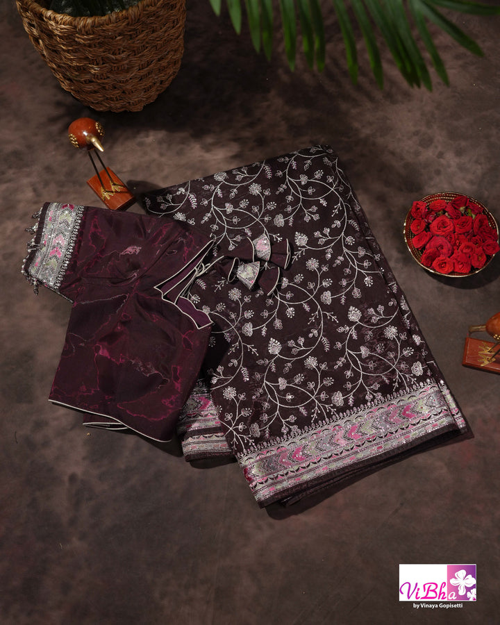 Deep Plum Designer Saree with All-Over Floral Vine Embroidery