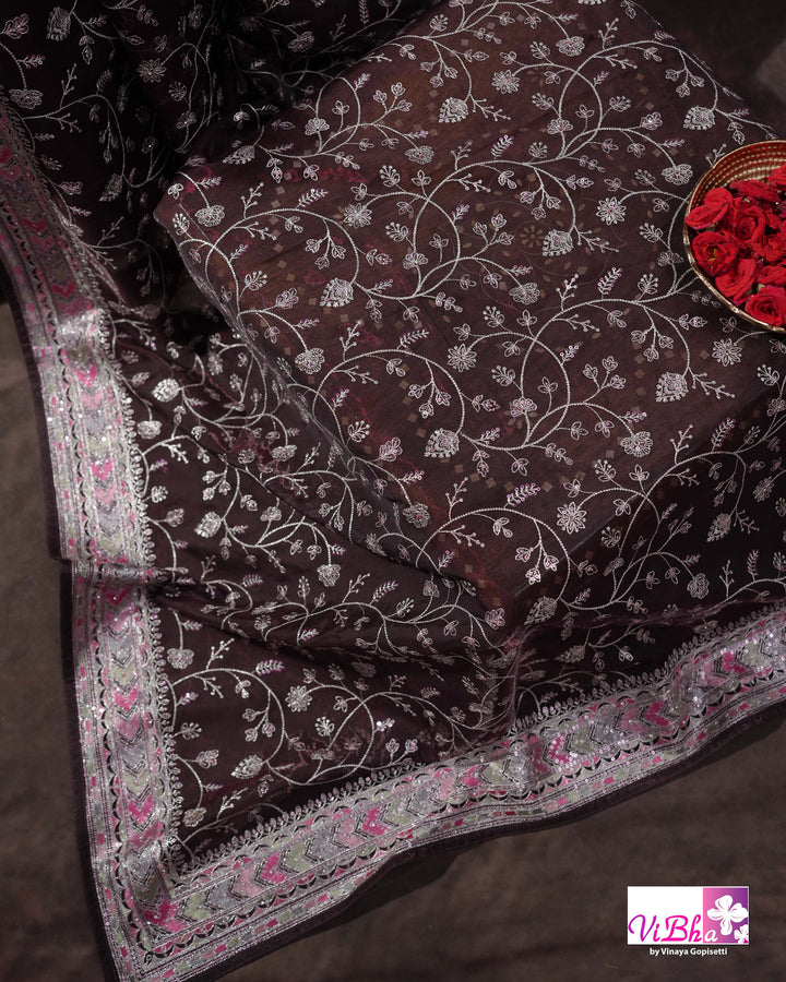 Deep Plum Designer Saree with All-Over Floral Vine Embroidery
