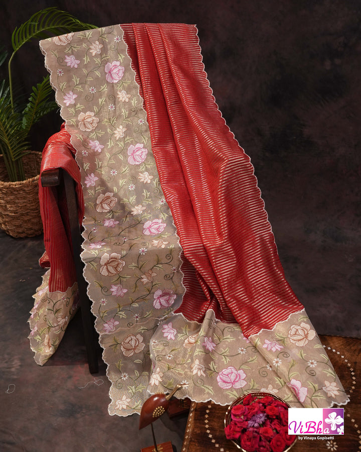 Red fancy banarasi with embroidered border