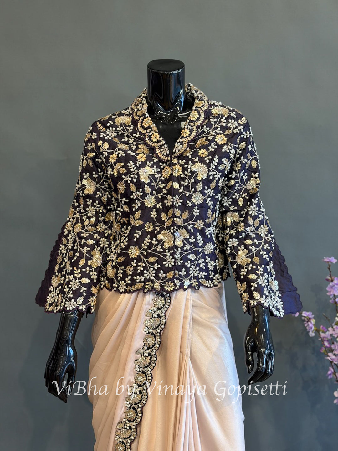 Blush pink and dark purple jacket pre draped saree
