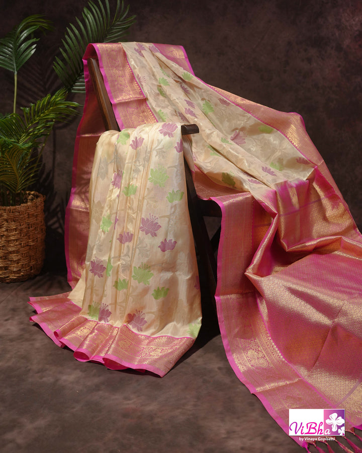 Ivory &amp; Pink Petu Jamdani Venkatagiri Silk Saree with Lotus Motifs
