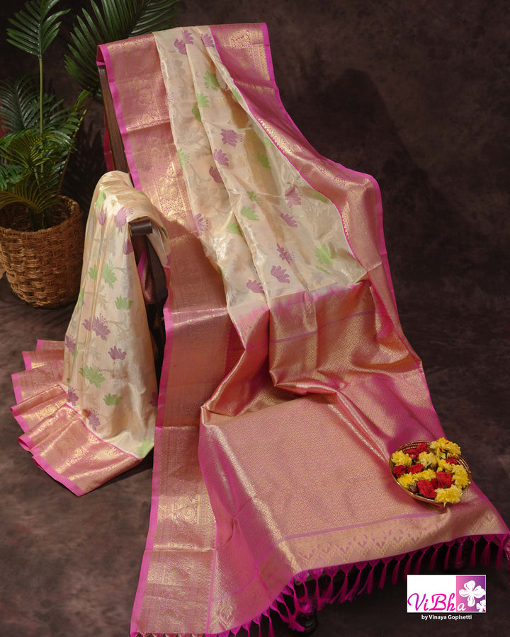 Ivory &amp; Pink Petu Jamdani Venkatagiri Silk Saree with Lotus Motifs