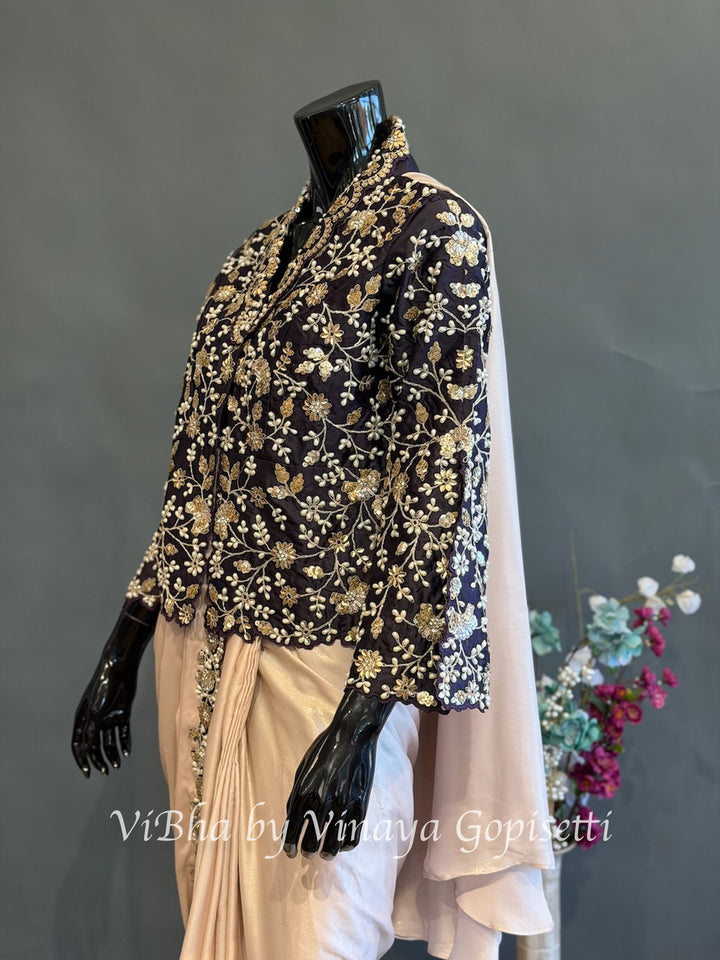 Blush pink and dark purple jacket pre draped saree