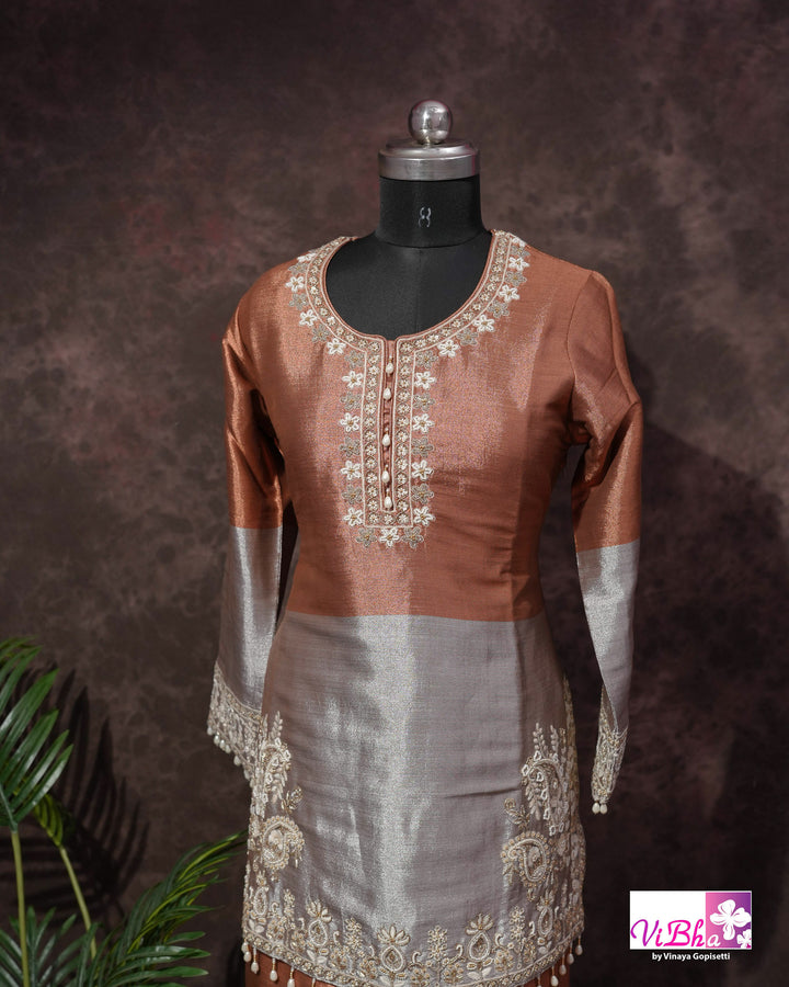 Rust &amp; Silver Embroidered Sharara Set