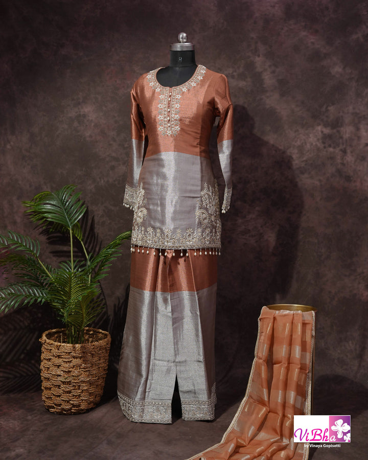 Rust &amp; Silver Embroidered Sharara Set