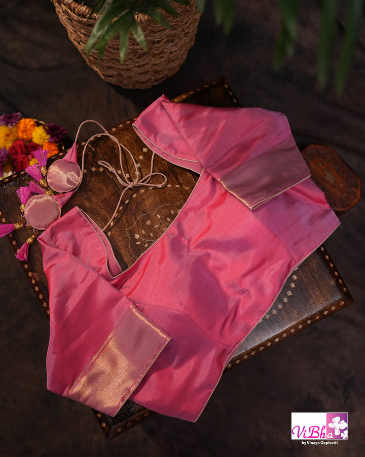 Baby Pink Kanchi Silk Saree with Blouse &amp; Zari Temple Border