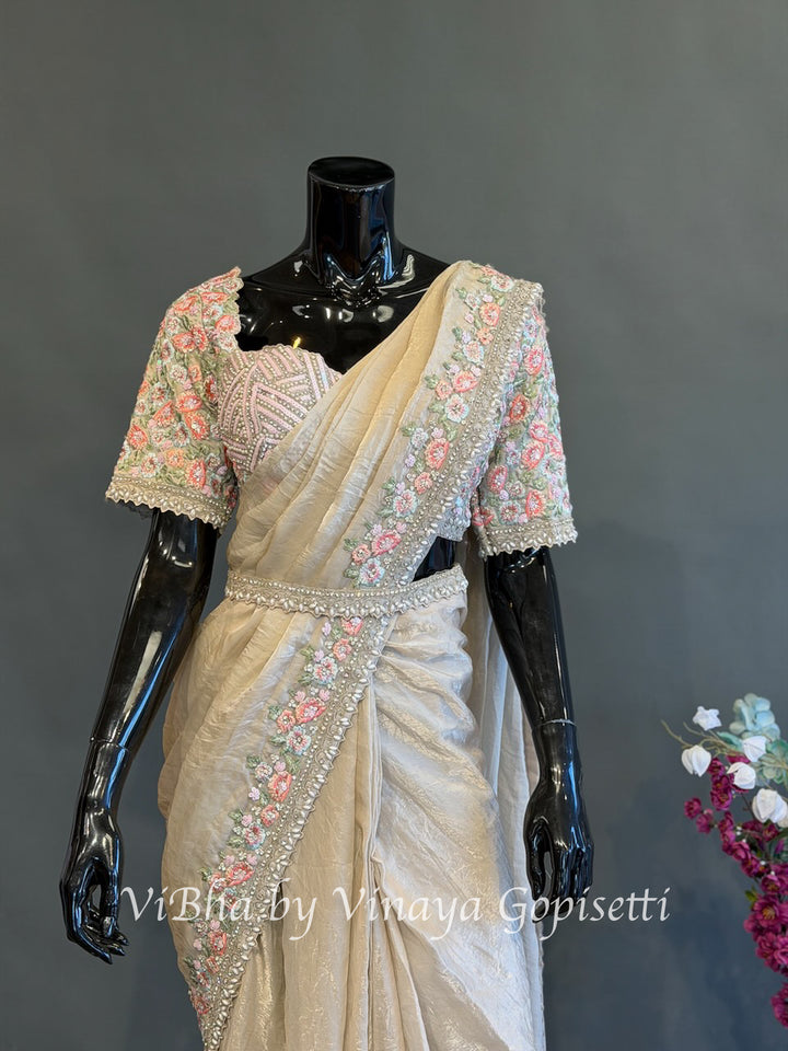 Champagne Silver Pre draped saree and blouse