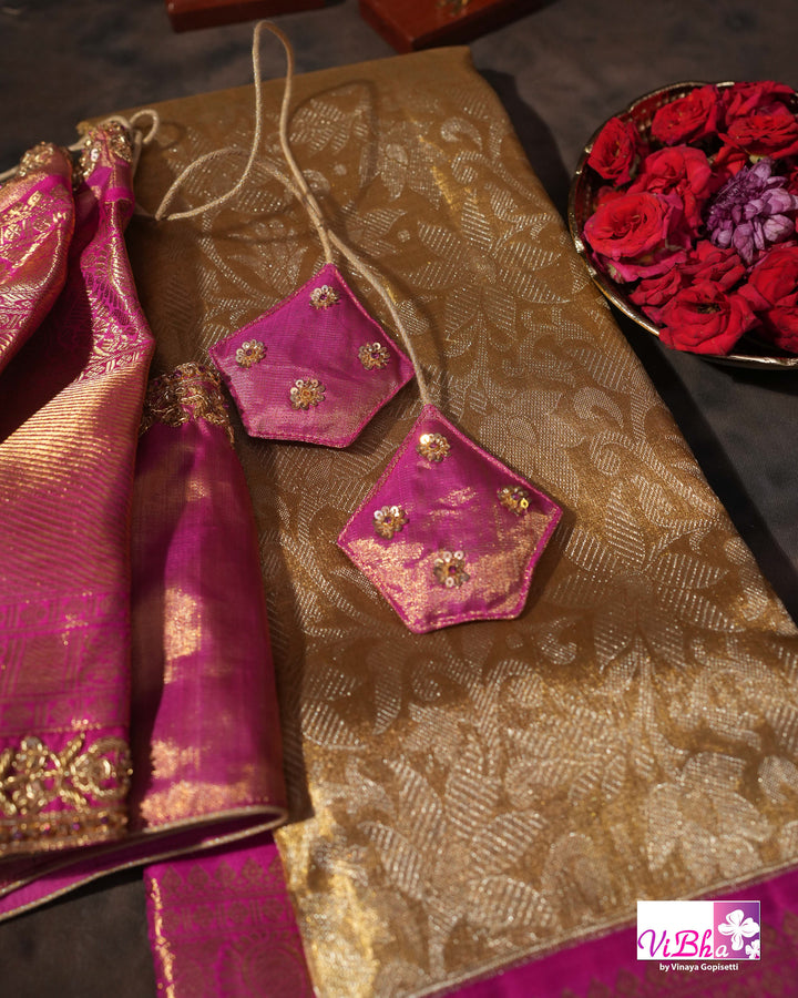 Gold Kanchi Silk Saree with Magenta Pink Border and Ornate Woven Pallu