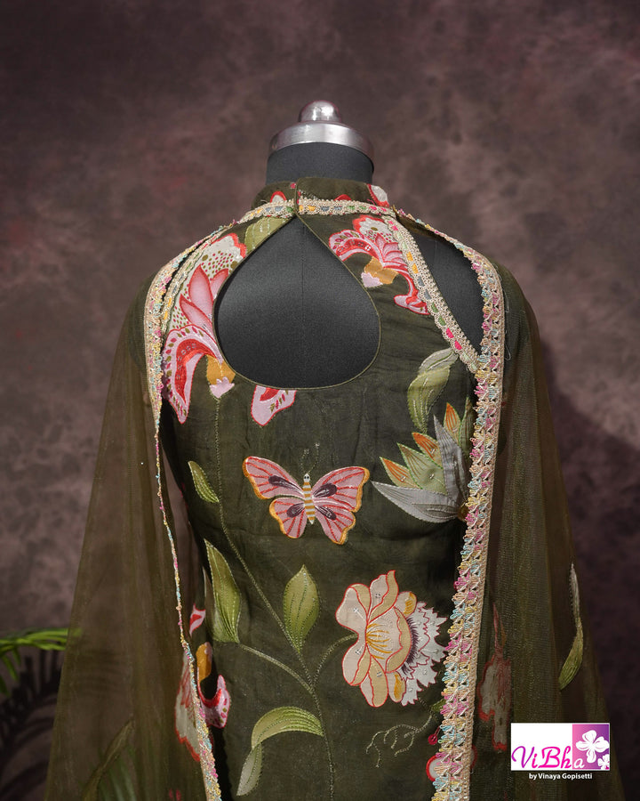 Dark Mehendi Green Floral position print high neck Gharara set