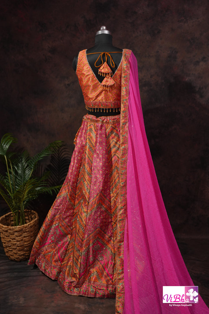 Orange &amp; Rani Pink Multicolor Lehenga Set