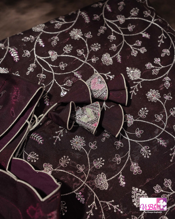 Deep Plum Designer Saree with All-Over Floral Vine Embroidery