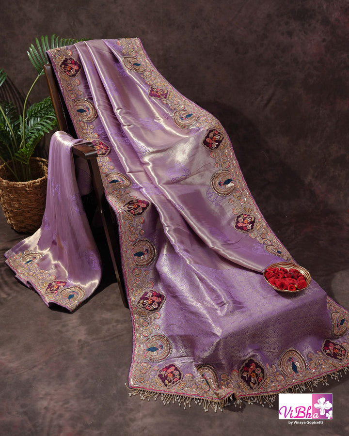 Lavender Designer Saree with Ornate Peacock and Figurative Embellishments