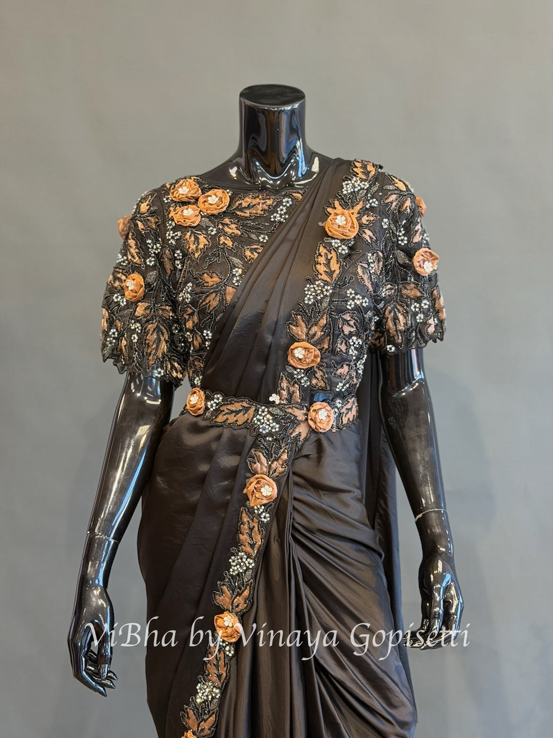 Black and Mocha brown predraped saree and blouse