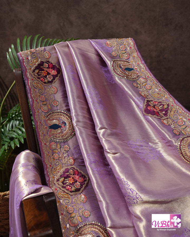 Lavender Designer Saree with Ornate Peacock and Figurative Embellishments