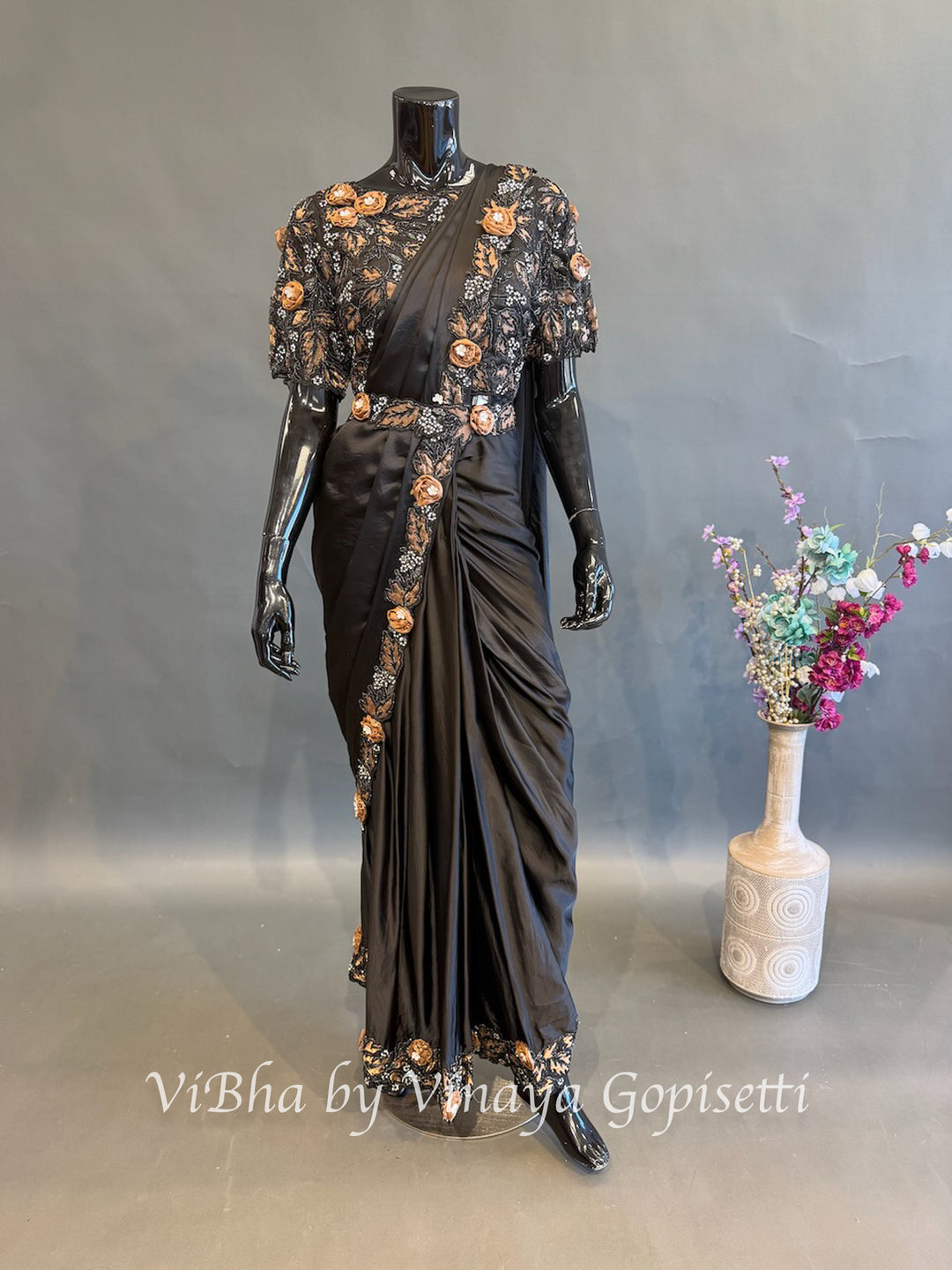 Black and Mocha brown predraped saree and blouse