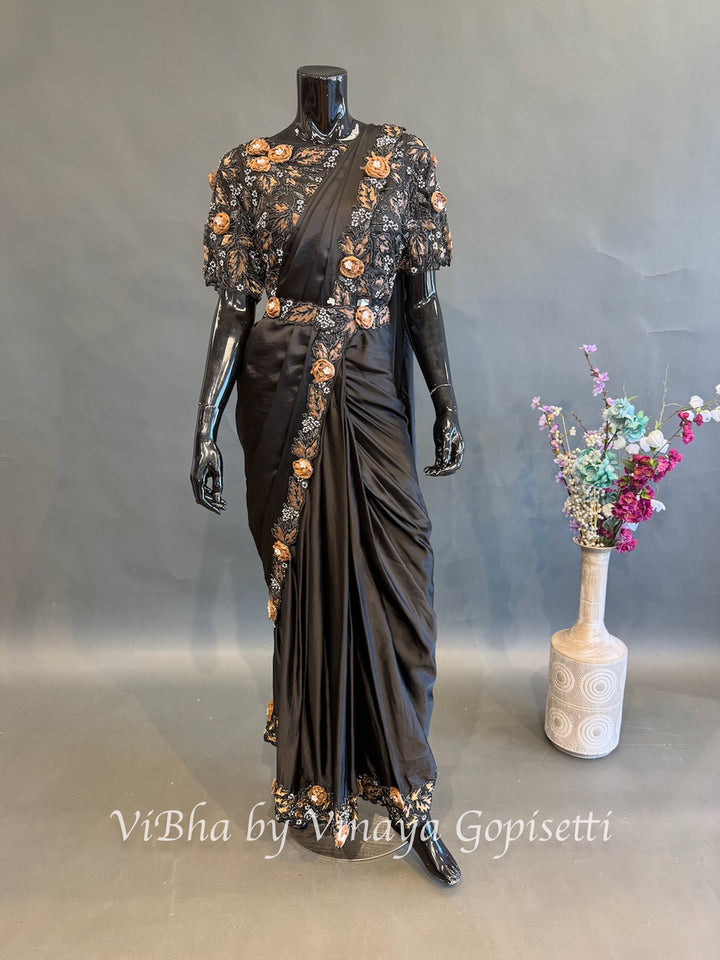 Black and Mocha brown predraped saree and blouse