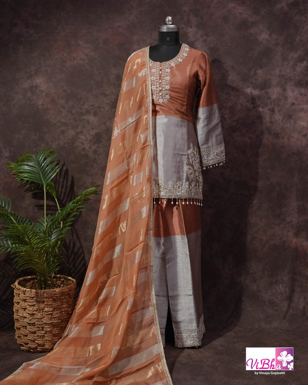Rust &amp; Silver Embroidered Sharara Set