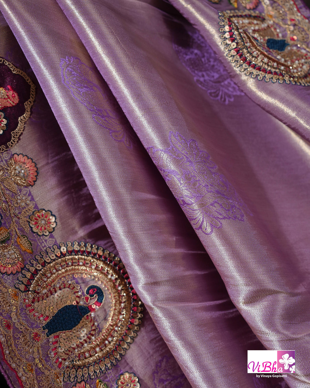 Lavender Designer Saree with Ornate Peacock and Figurative Embellishments