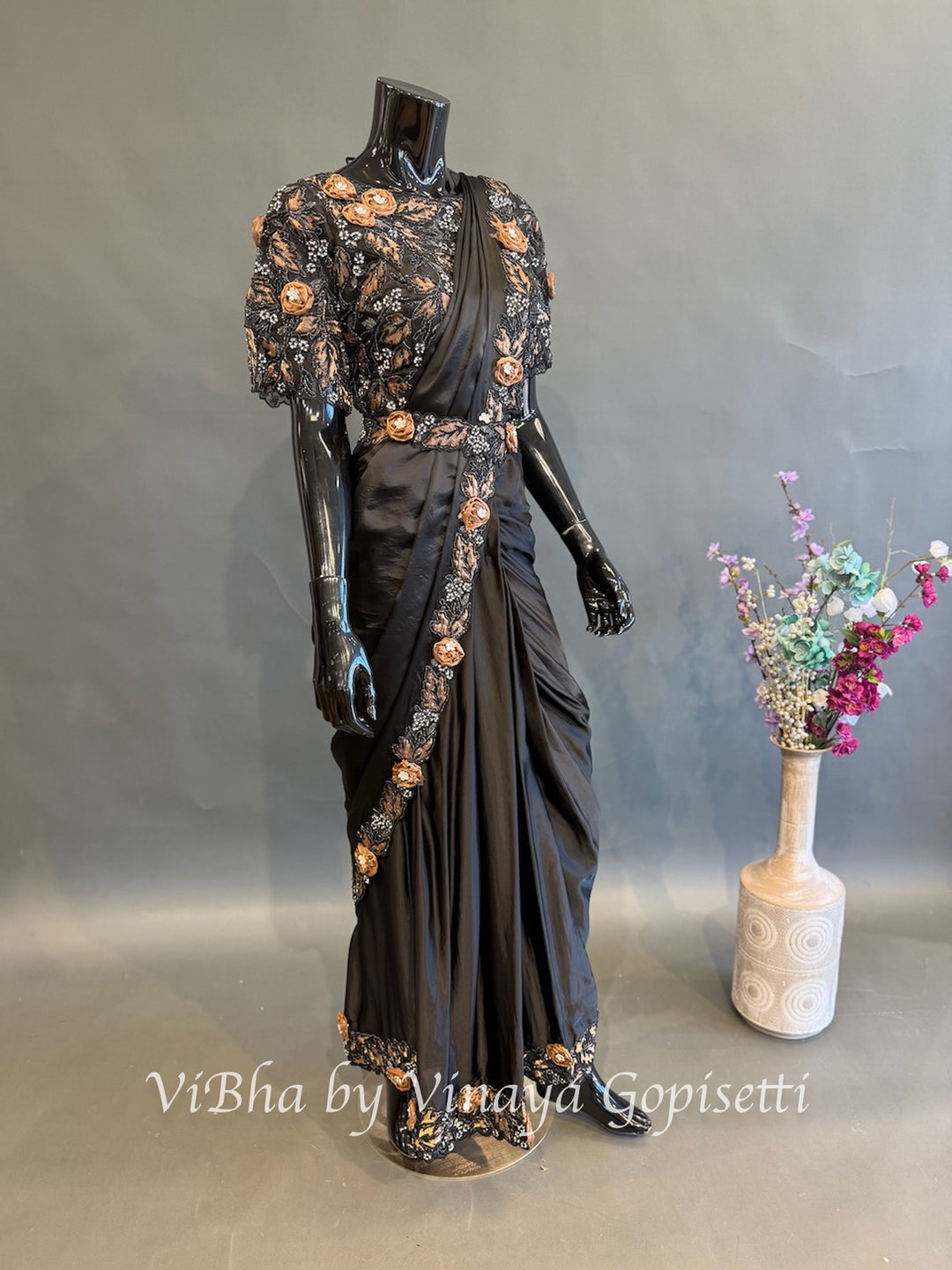 Black and Mocha brown predraped saree and blouse