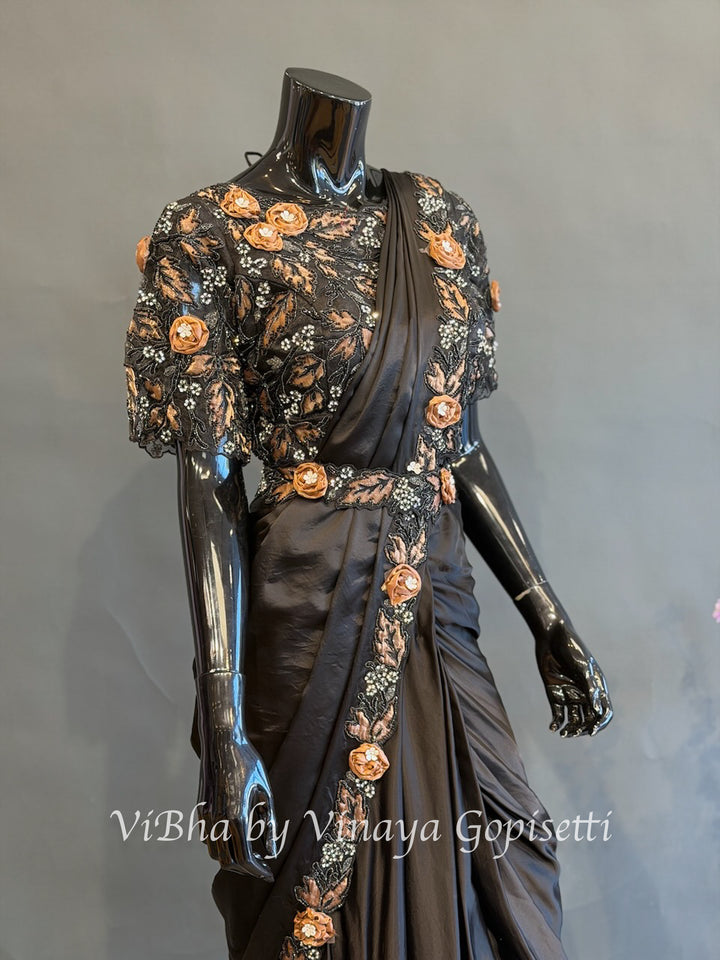 Black and Mocha brown predraped saree and blouse