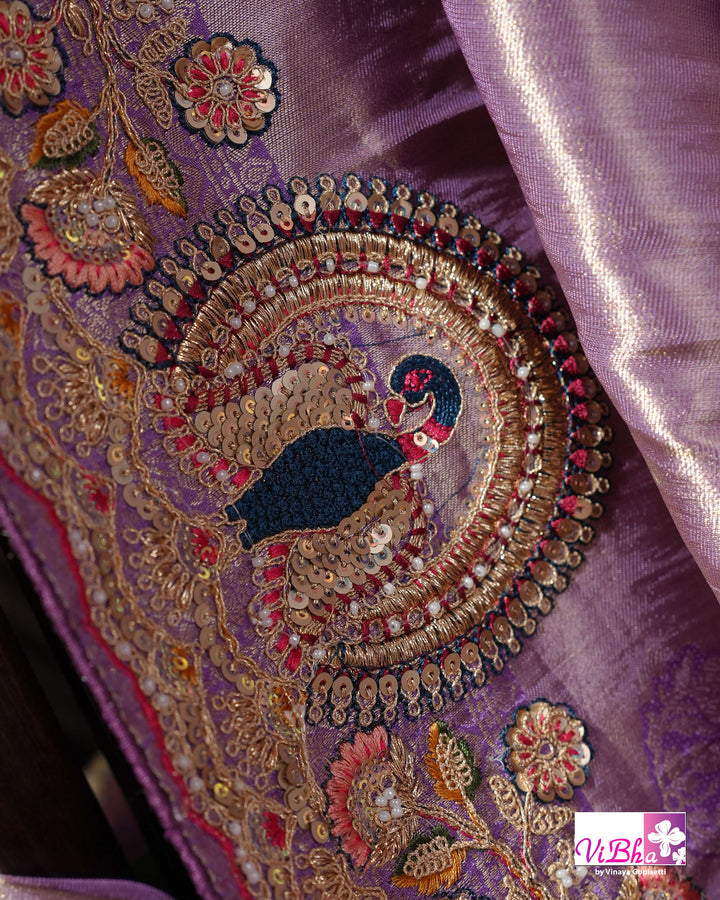Lavender Designer Saree with Ornate Peacock and Figurative Embellishments